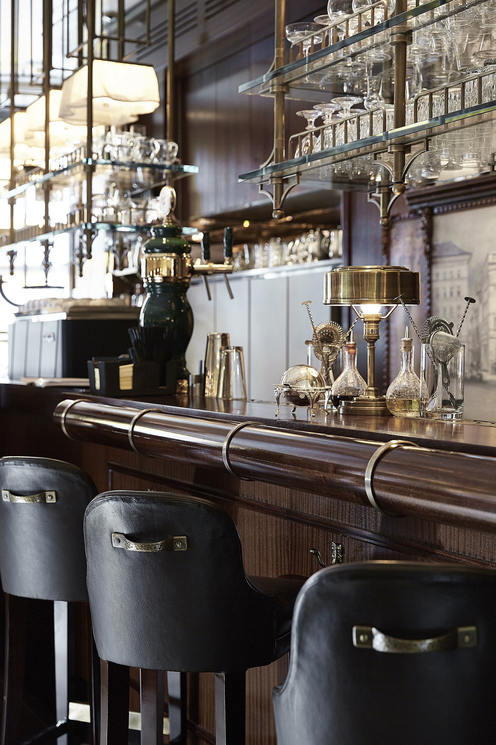Luxury bar area with classic beer tap and brass lamp