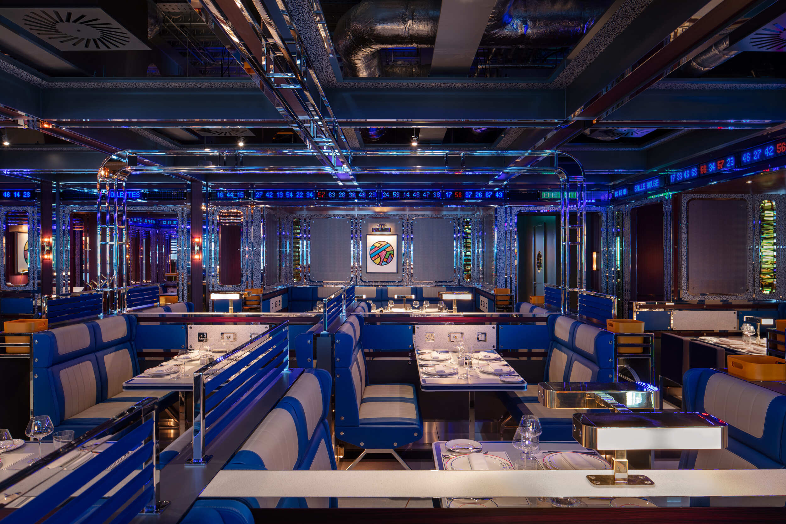 Side view of luxurious blue diner booths