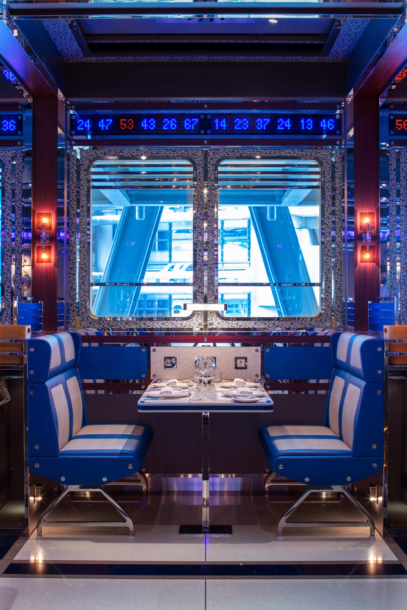 Diner style retro blue seating table & luminous lighting