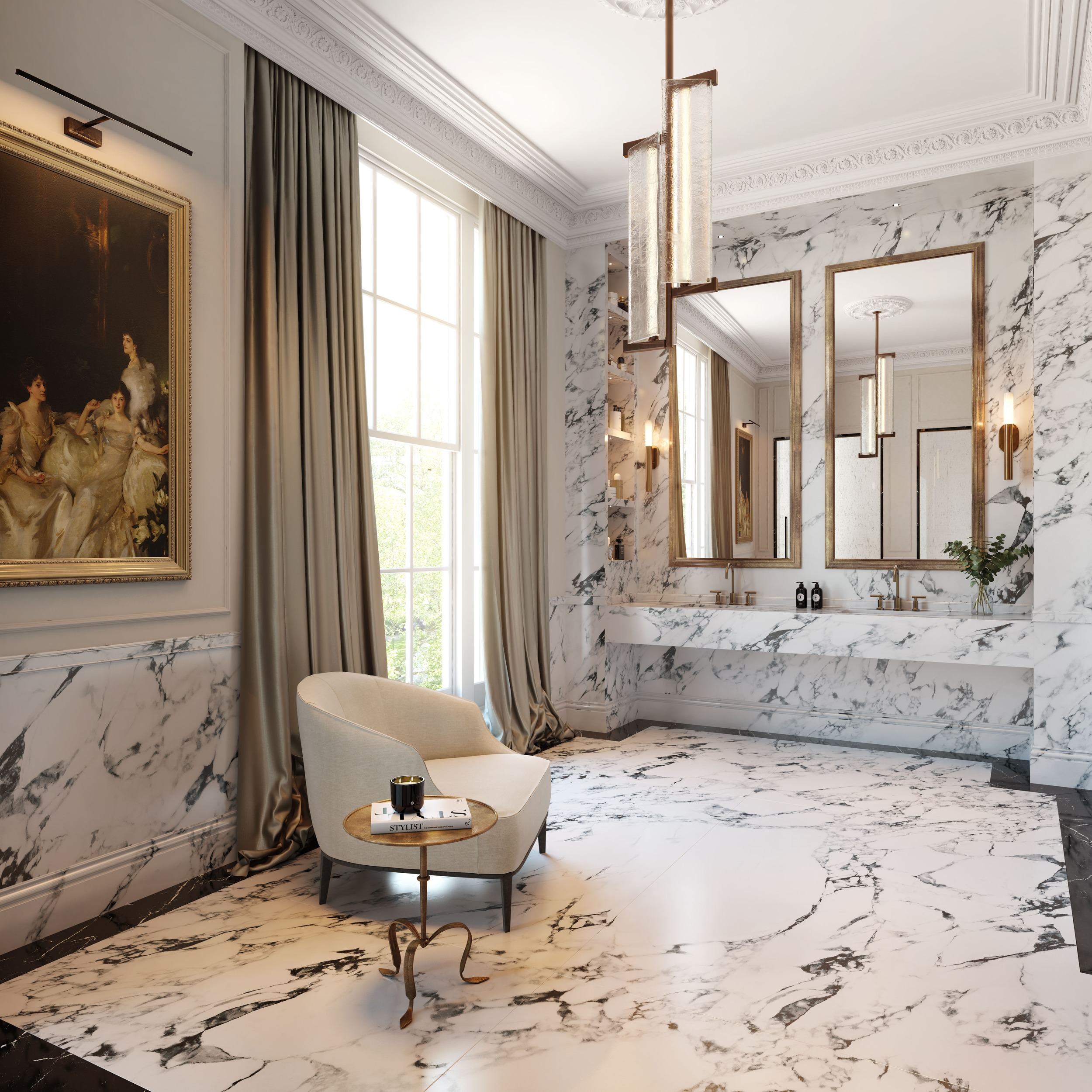 Stone bathroom with two large wall hung mirrors and artwork, armchair and side table