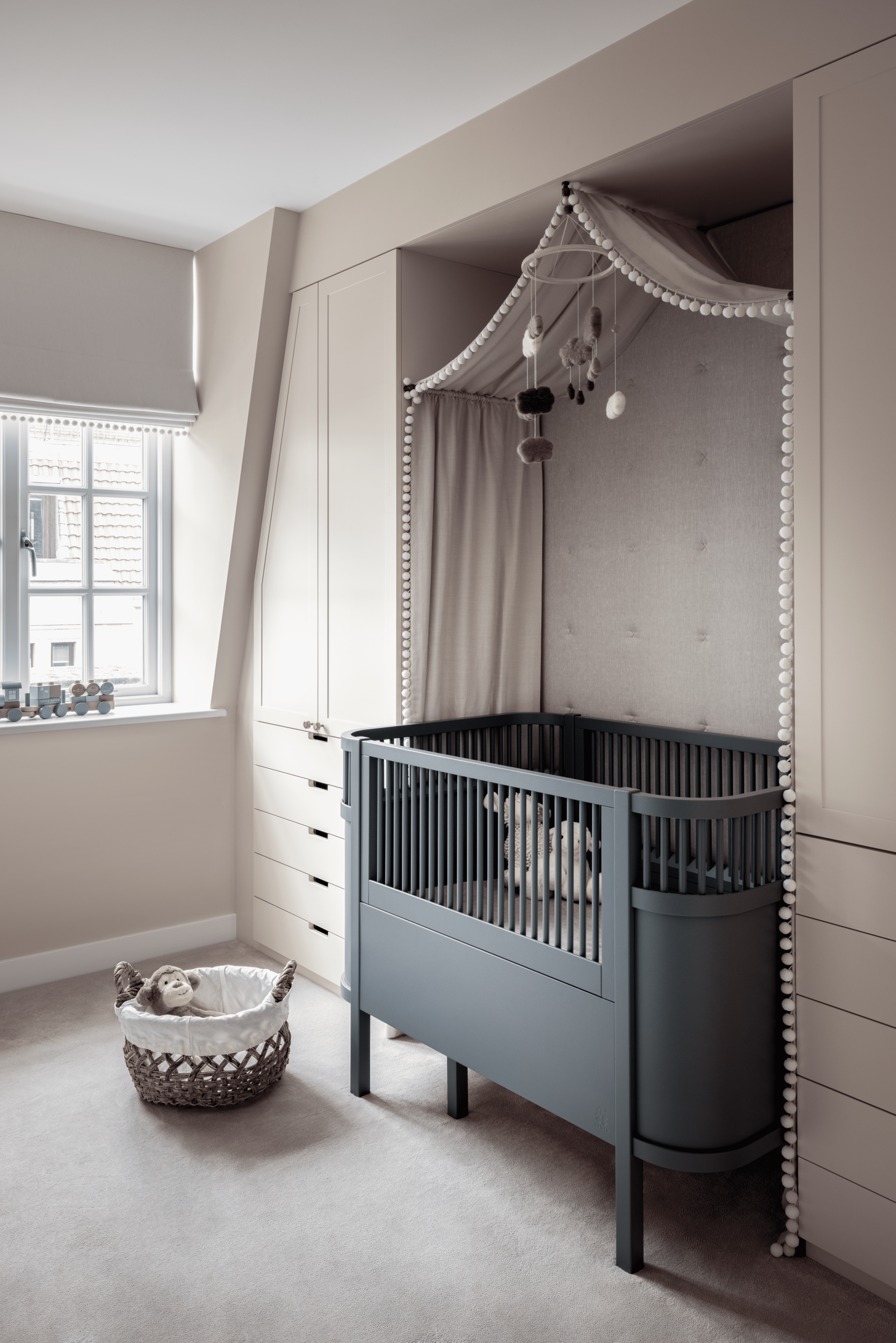 Baby cot with canopy above