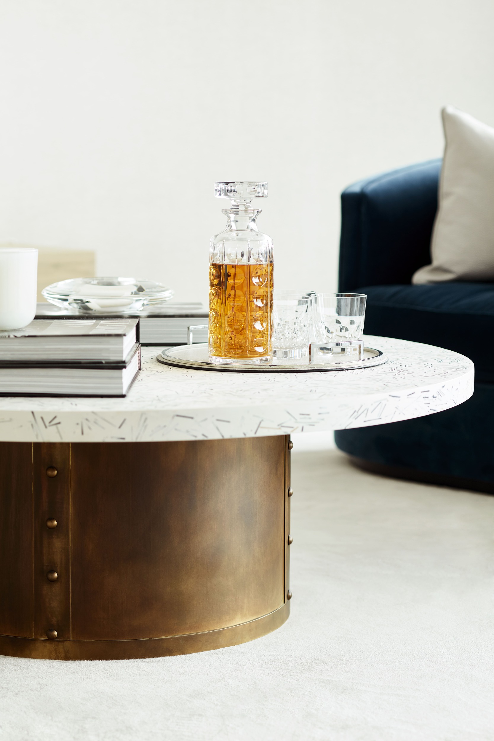 Round coffee table creates focal point to room