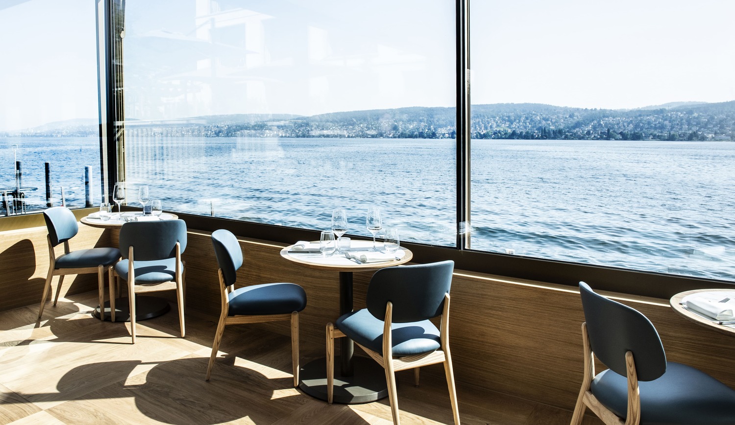 Restaurant with expansive lake view windows
