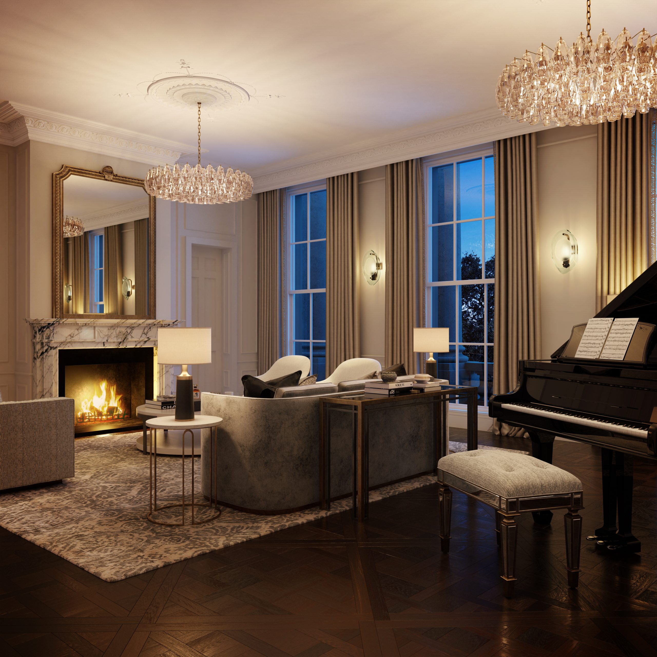 Sumptuous drawing room with seating, crystal chandeliers and piano