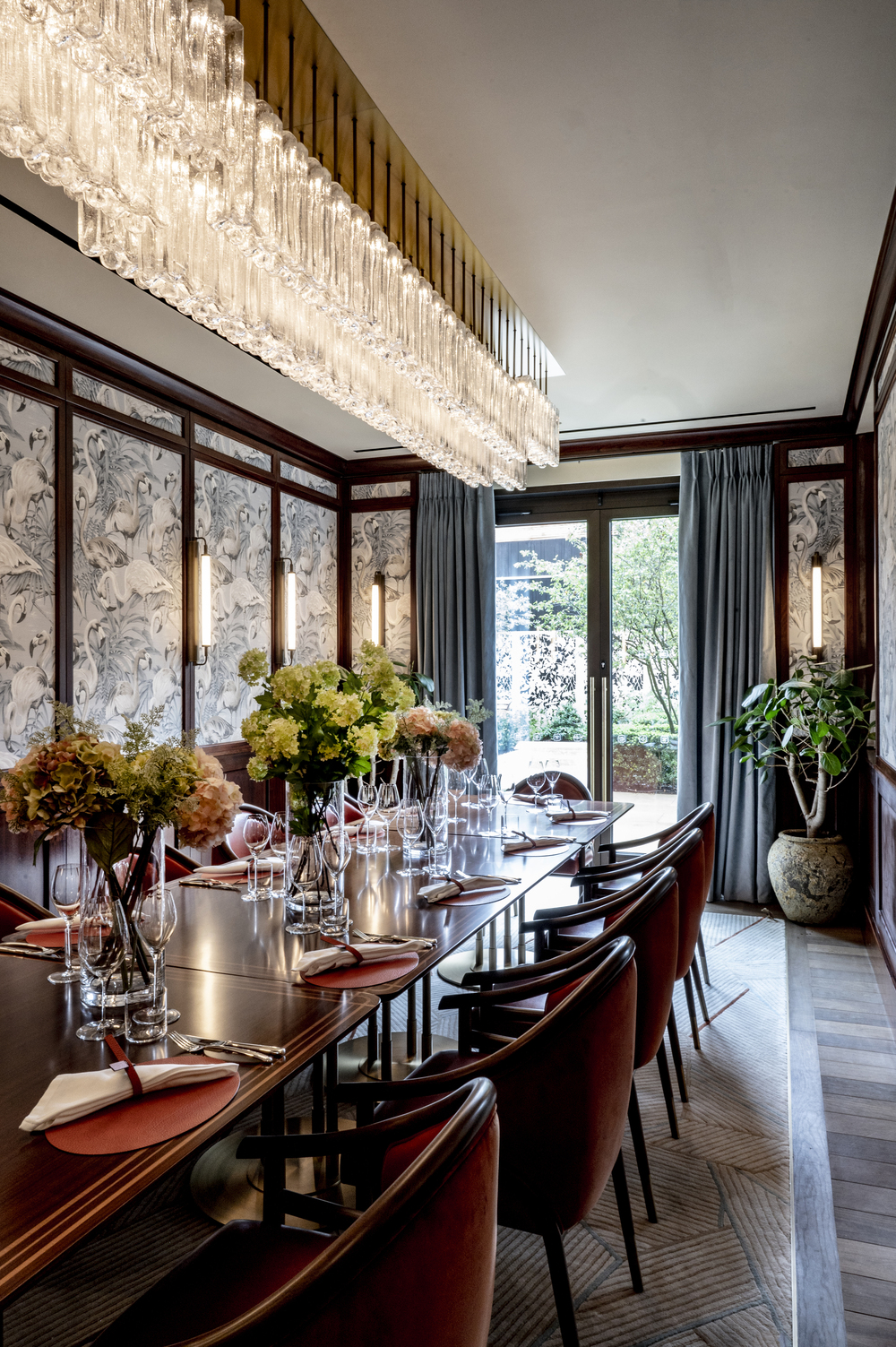 Luxurious private dining room with chandelier